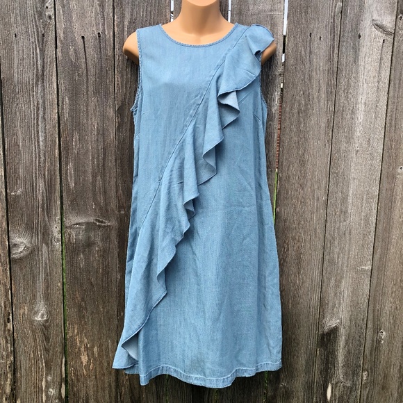 Neiman Marcus Dresses & Skirts - Blue Chambray Shift Dress w/ Diagonal Ruffle Sz 8